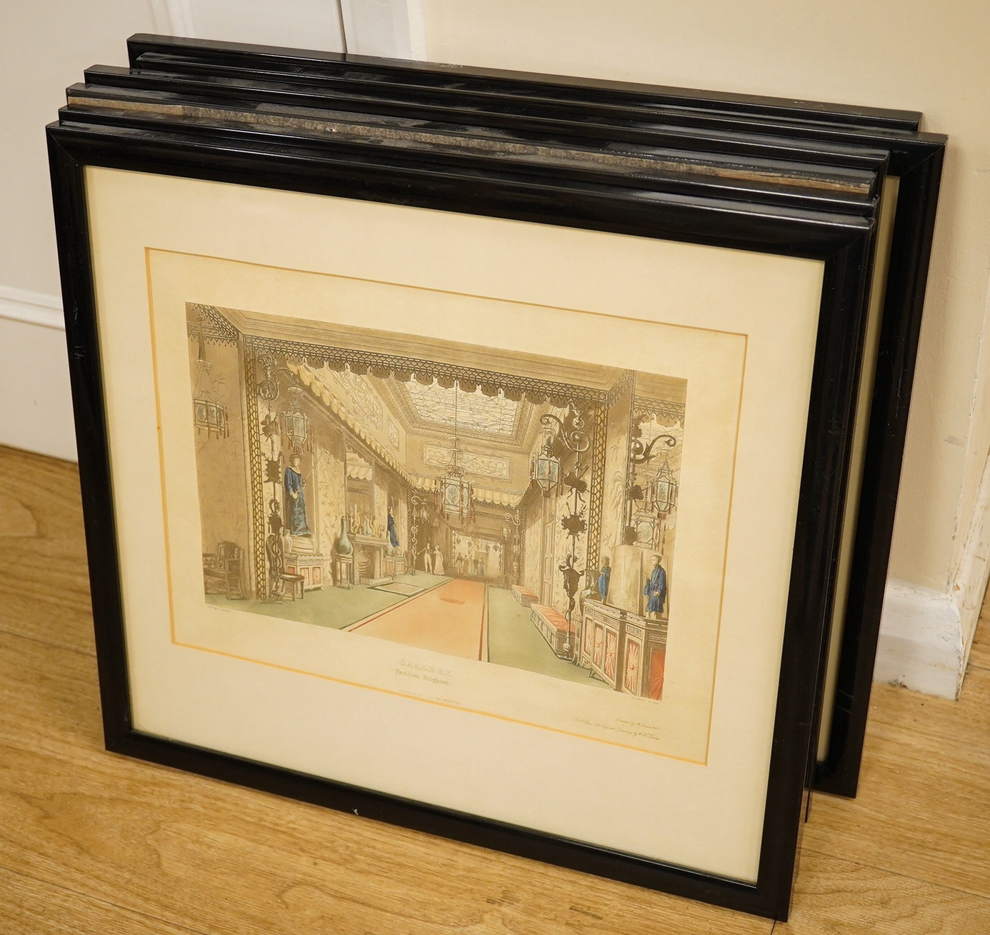 Six Brighton Pavilion prints including ‘The Gallery’, published by John Nash 1827, and ‘Pavilion Library’, 27 x 34cm. Condition - fair